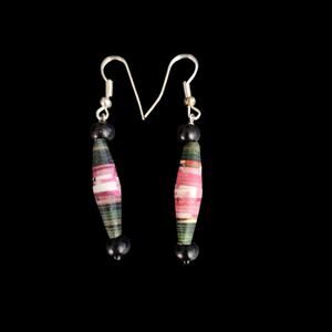 Vintage Multicolor Paper Bead Dangle Earrings Black Beads